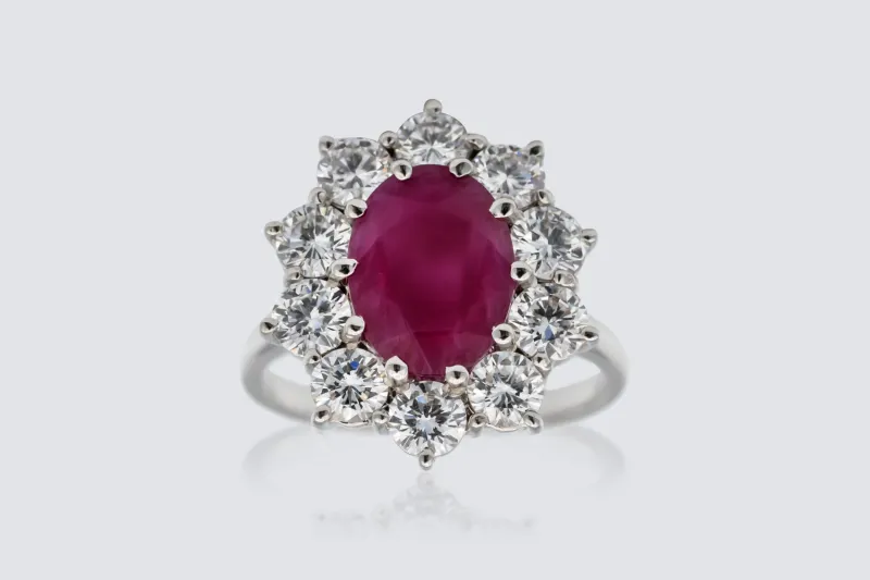 18ct White Gold 2.52ct Ruby and  1.75ct Diamond Cluster Ring Size M