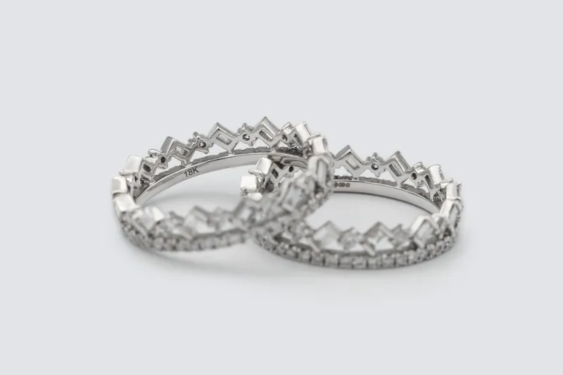 18ct White Gold Baguette and Round Diamond Two Band Ring