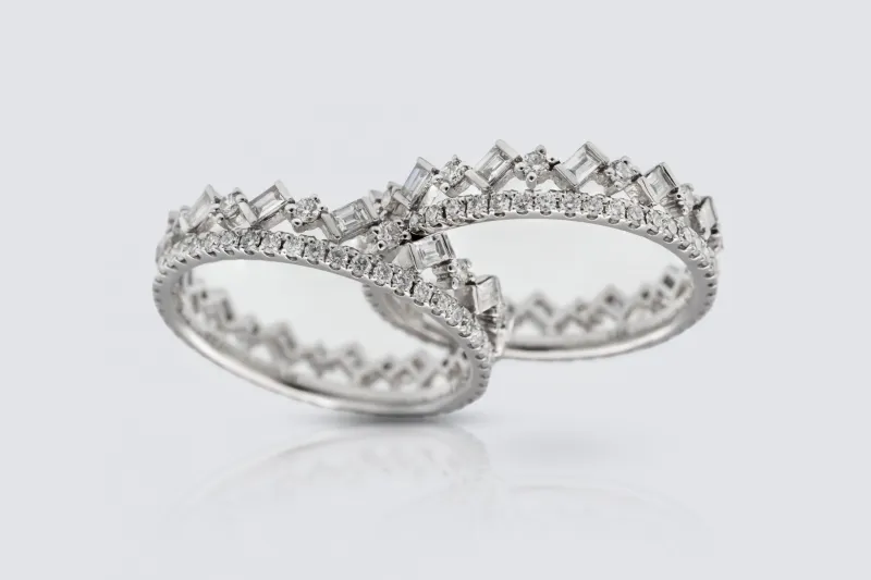18ct White Gold Baguette and Round Diamond Two Band Ring