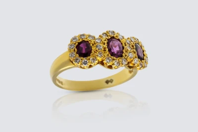 18ct Yellow Gold Ruby and Diamond Three Stone Ring Size N