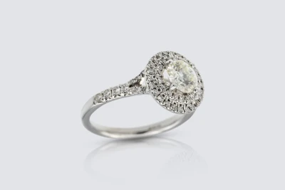 18ct White Gold 0.82ct Diamond Ring with 0.48ct Shoulder and Halo Diamonds Size M