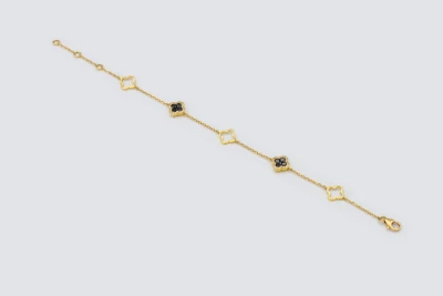 18ct Yellow Gold Diamond and Black Diamond Clover Bracelet