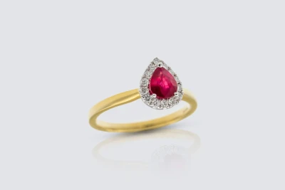 18ct Yellow Gold 0.70ct Ruby and 0.17ct Diamond Pear Shaped Ring Size N