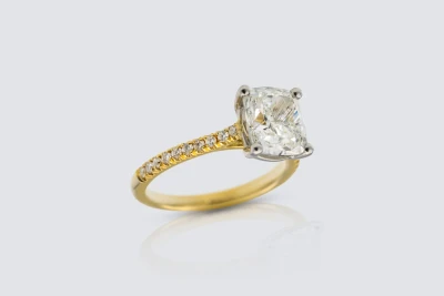 18ct Yellow Gold 2.50ct Cushion Cut Diamond Engagement Ring with 0.22ct Shoulder Diamonds Size K