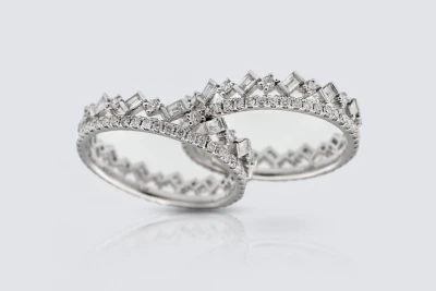 18ct White Gold Baguette and Round Diamond Two Band Ring